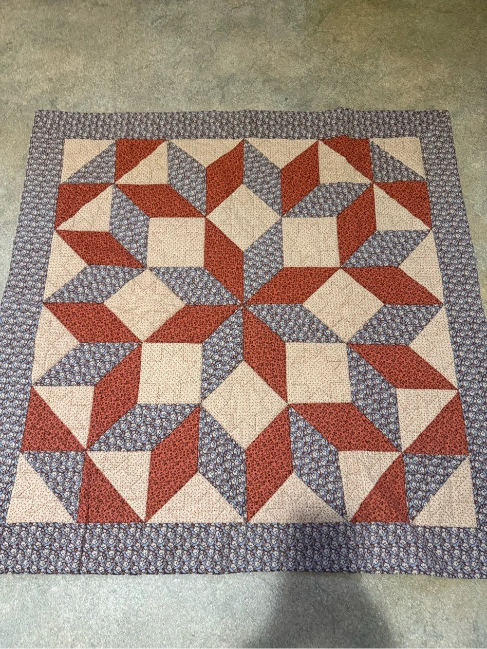 Handmade Patchwork Lap Quilt – 36” x 36” – Cottage Farmhouse | Red, Blue & Cream